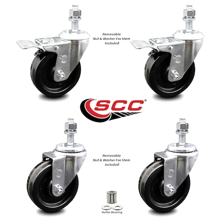 Service Caster 4 Inch Phenolic Swivel 12mm Threaded Stem Caster Total Lock Brake SCC, 2PK SCC-TSTTL20S414-PHR-M1215-2-S-2